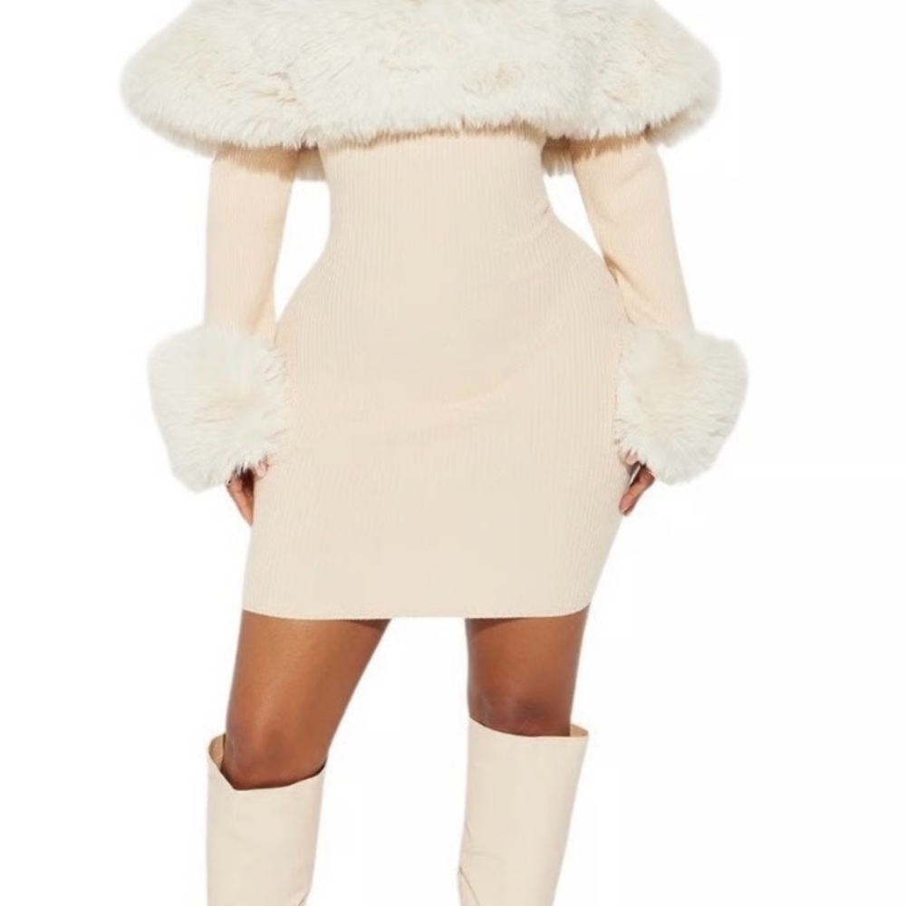 NWT Fashion Nova Cream Fuzzy Trim Sweater MNi DRESS 👗